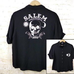 Hot Topic Skull Salem Oversized Button Shirt Womens S Black Goth Witch Moon